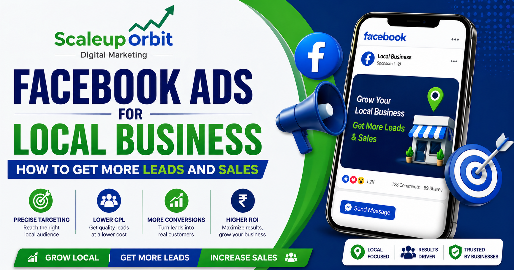 Facebook Ads service for local business marketing to generate leads and increase sales by ScaleUp Orbit